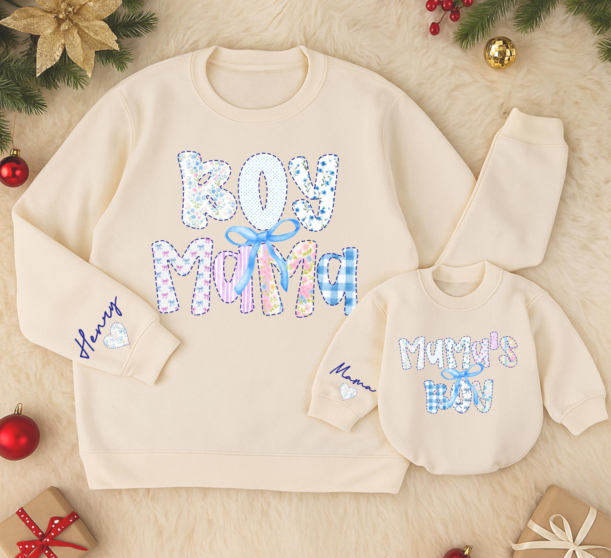 Boy Mama and Mama's Boy Matching Sweatshirts with Custom Names and Bow Design, Cozy Coquette-Inspired Mommy and Me Winter Outfits
