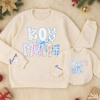 Boy Mama and Mama's Boy Matching Sweatshirts with Custom Names and Bow Design, Cozy Coquette-Inspired Mommy and Me Winter Outfits