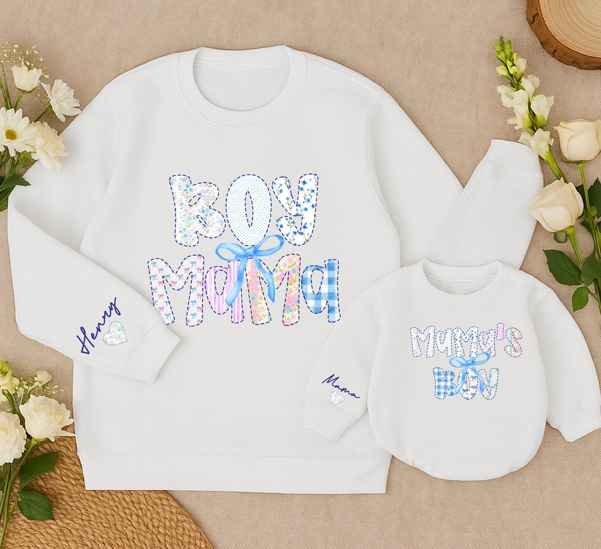 Boy Mama and Mama's Boy Matching Sweatshirts with Custom Names and Bow Design, Cozy Coquette-Inspired Mommy and Me Winter Outfits