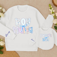 Boy Mama and Mama's Boy Matching Sweatshirts with Custom Names and Bow Design, Cozy Coquette-Inspired Mommy and Me Winter Outfits