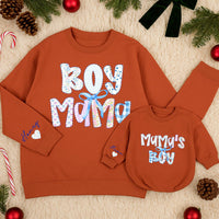 Boy Mama and Mama's Boy Matching Sweatshirts with Custom Names and Bow Design, Cozy Coquette-Inspired Mommy and Me Winter Outfits