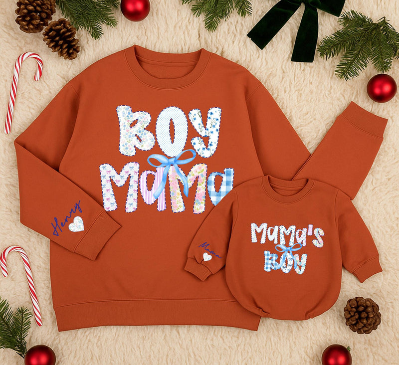 Boy Mama and Mama's Boy Matching Sweatshirts with Custom Names and Bow Design, Cozy Coquette-Inspired Mommy and Me Winter Outfits