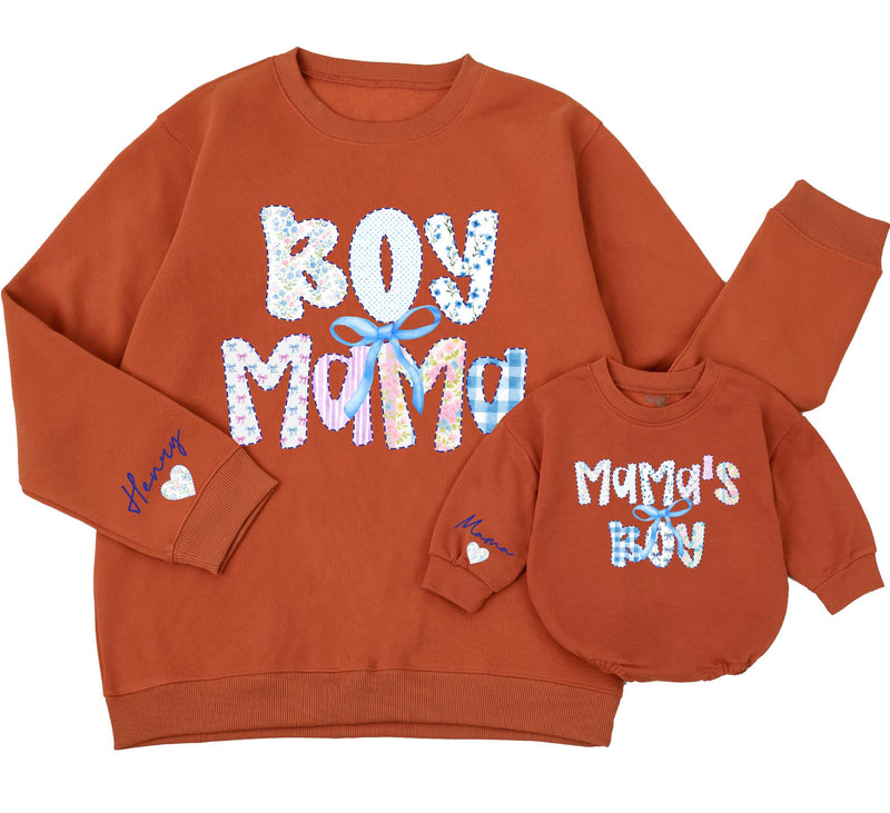Boy Mama and Mama's Boy Matching Sweatshirts with Custom Names and Bow Design, Cozy Coquette-Inspired Mommy and Me Winter Outfits