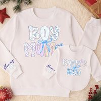Boy Mama and Mama's Boy Matching Sweatshirts with Custom Names and Bow Design, Cozy Coquette-Inspired Mommy and Me Winter Outfits