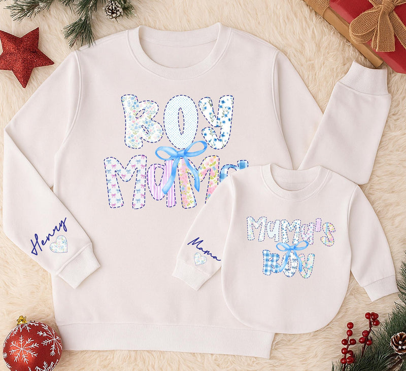Boy Mama and Mama's Boy Matching Sweatshirts with Custom Names and Bow Design, Cozy Coquette-Inspired Mommy and Me Winter Outfits