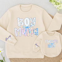 Boy Mama and Mama's Boy Matching Sweatshirts with Custom Names and Bow Design, Cozy Coquette-Inspired Mommy and Me Winter Outfits
