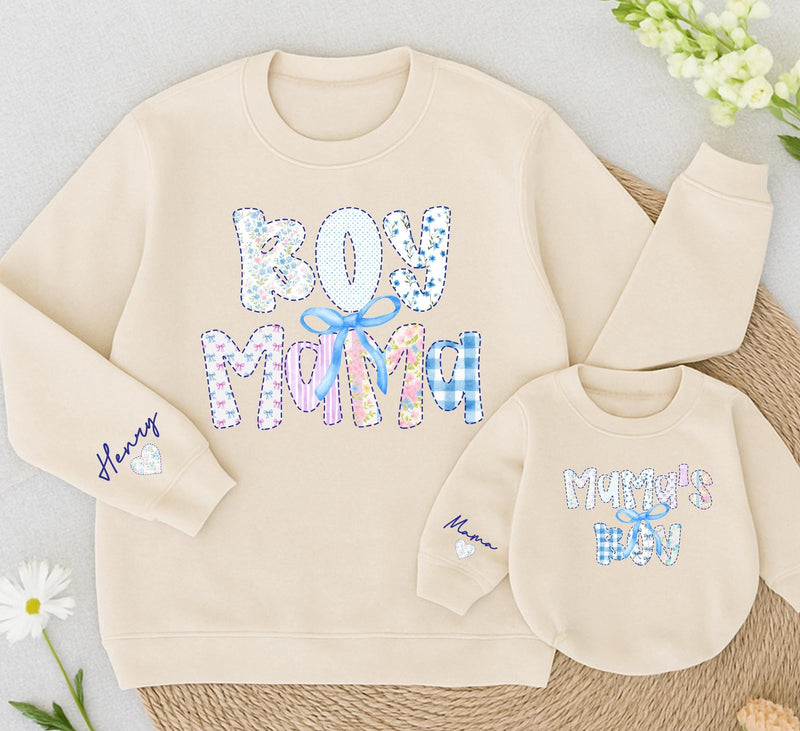 Boy Mama and Mama's Boy Matching Sweatshirts with Custom Names and Bow Design, Cozy Coquette-Inspired Mommy and Me Winter Outfits