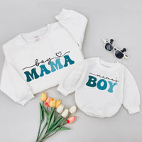 Boy Mama and Mama's Boy Matching Sweatshirts with Retro Cursive Design Family Outfit Cozy Cotton Shirts Perfect Mother’s Day or Baby Gift