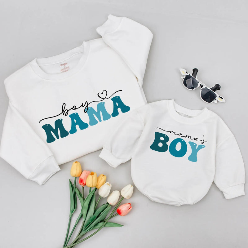 Boy Mama and Mama's Boy Matching Sweatshirts with Retro Cursive Design Family Outfit Cozy Cotton Shirts Perfect Mother’s Day or Baby Gift