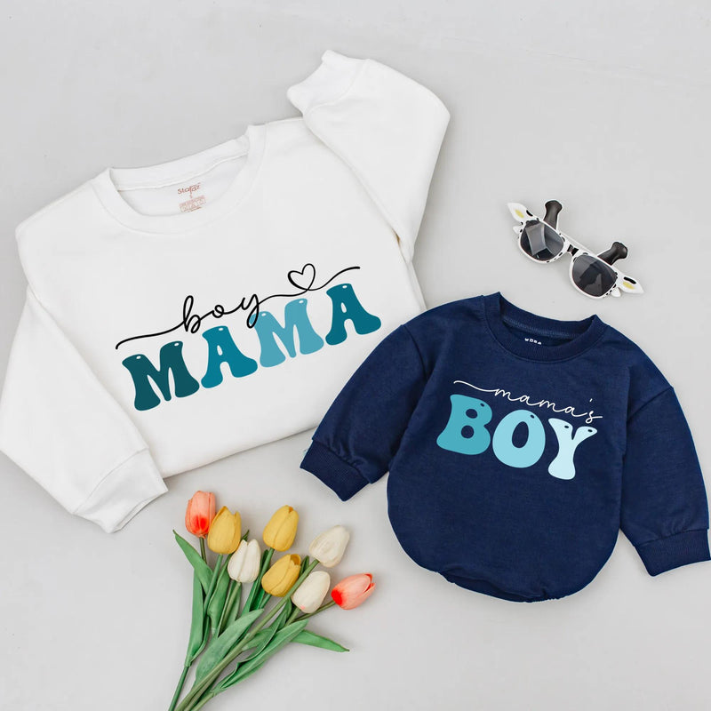 Boy Mama and Mama's Boy Matching Sweatshirts with Retro Cursive Design Family Outfit Cozy Cotton Shirts Perfect Mother’s Day or Baby Gift
