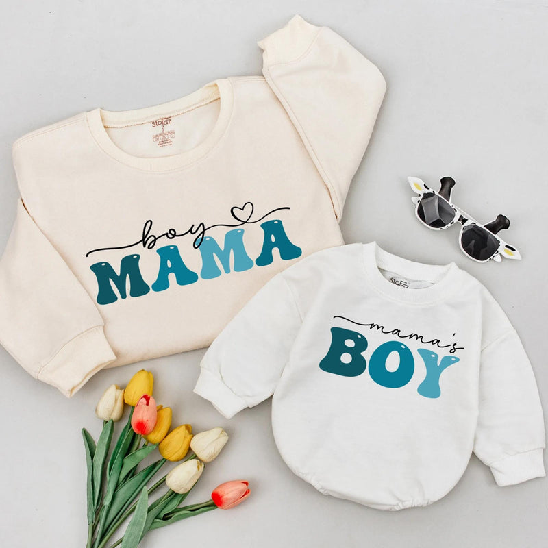 Boy Mama and Mama's Boy Matching Sweatshirts with Retro Cursive Design Family Outfit Cozy Cotton Shirts Perfect Mother’s Day or Baby Gift