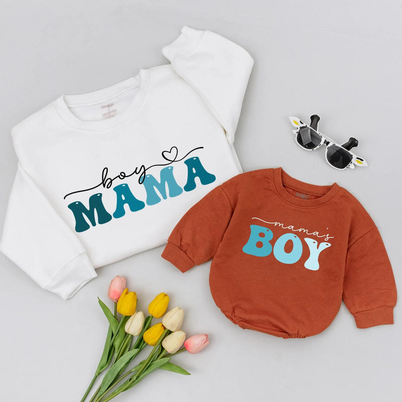 Boy Mama and Mama's Boy Matching Sweatshirts with Retro Cursive Design Family Outfit Cozy Cotton Shirts Perfect Mother’s Day or Baby Gift