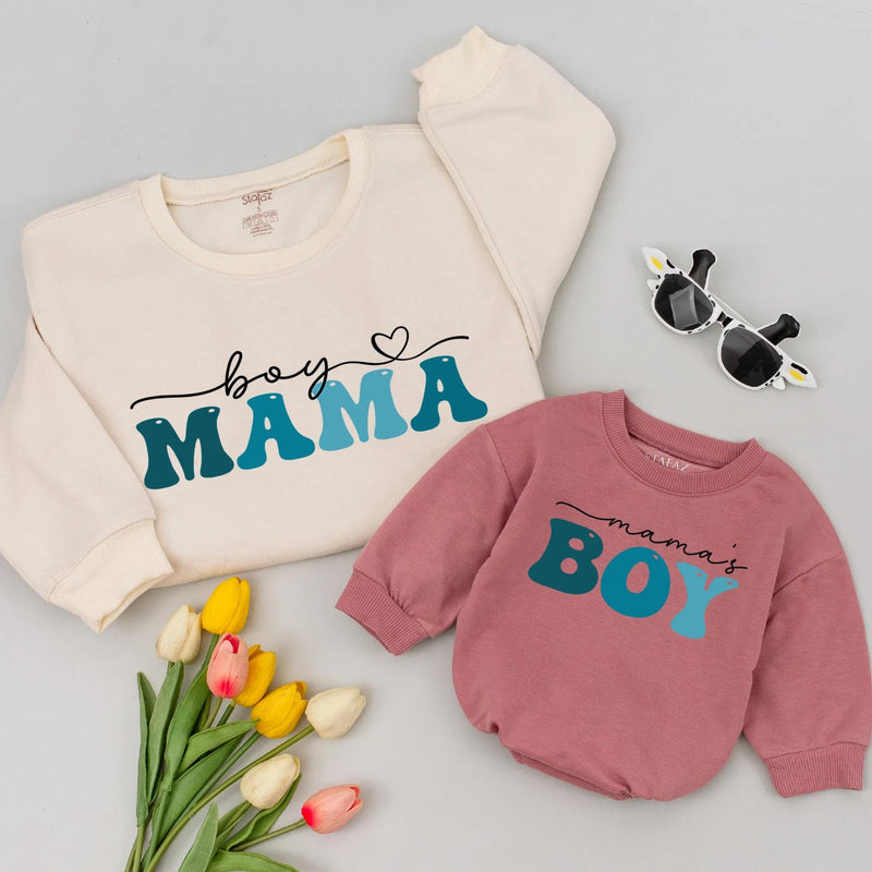 Boy Mama and Mama's Boy Matching Sweatshirts with Retro Cursive Design Family Outfit Cozy Cotton Shirts Perfect Mother’s Day or Baby Gift