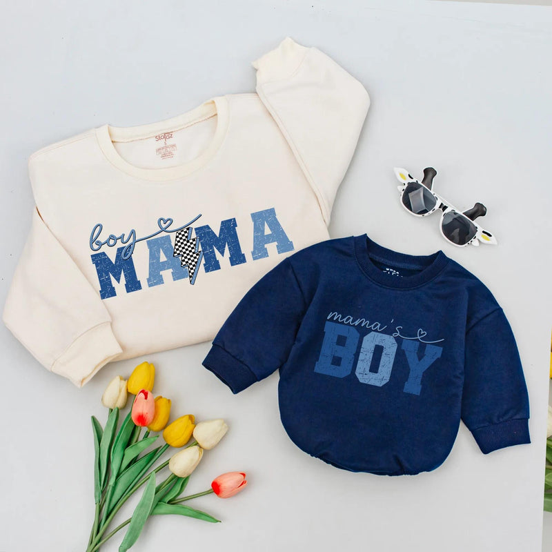 Boy Mama and Mama's Boy Retro Matching Shirts with Blue Vintage Design, Mother Son Sweatshirts for Gifts, Family Outfits or Mother's Day