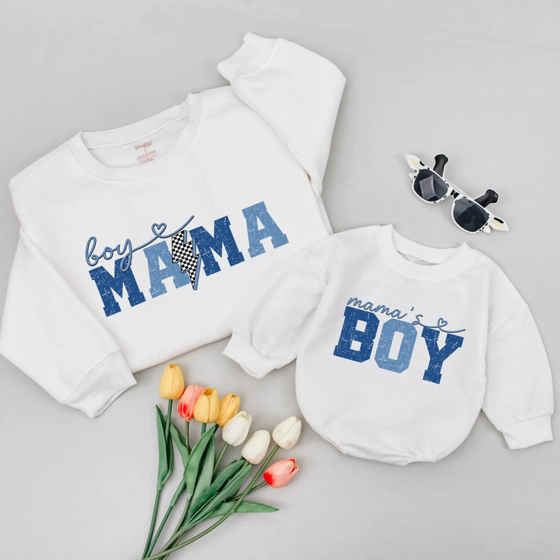 Boy Mama and Mama's Boy Retro Matching Shirts with Blue Vintage Design, Mother Son Sweatshirts for Gifts, Family Outfits or Mother's Day