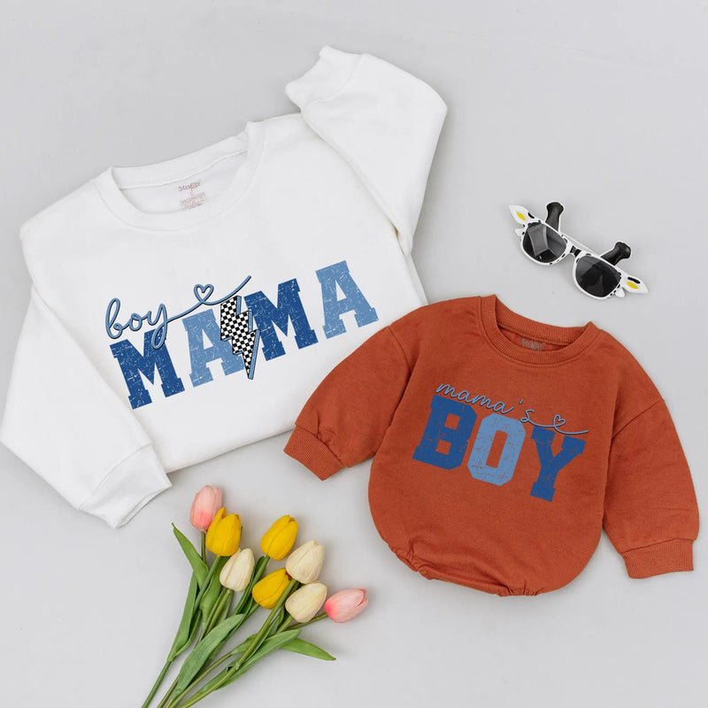 Boy Mama and Mama's Boy Retro Matching Shirts with Blue Vintage Design, Mother Son Sweatshirts for Gifts, Family Outfits or Mother's Day