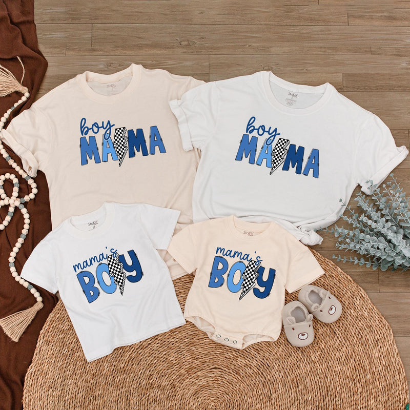 Boy Mama Matching Shirts with Checkered Lightning Bolt Design, Mama’s Boy Romper, Trendy Mommy and Me Outfit for Baby or Toddler Gift