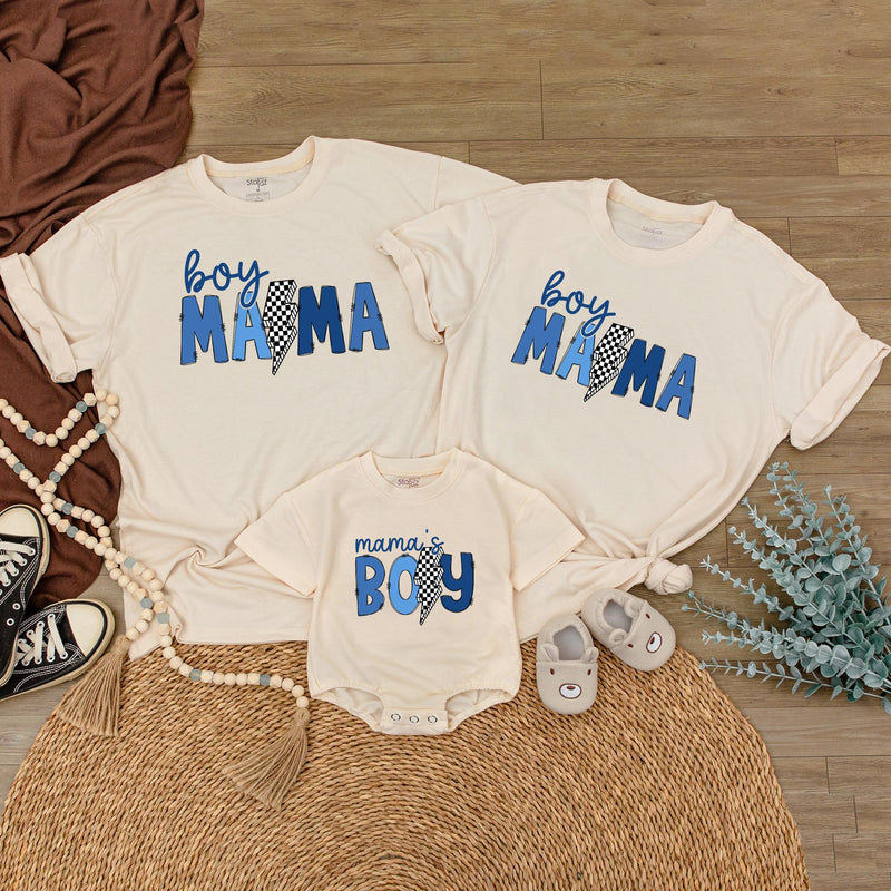 Boy Mama Matching Shirts with Checkered Lightning Bolt Design, Mama’s Boy Romper, Trendy Mommy and Me Outfit for Baby or Toddler Gift