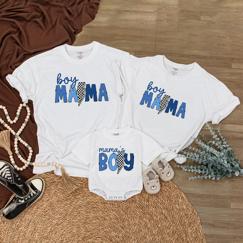 Boy Mama Matching Shirts with Checkered Lightning Bolt Design, Mama’s Boy Romper, Trendy Mommy and Me Outfit for Baby or Toddler Gift