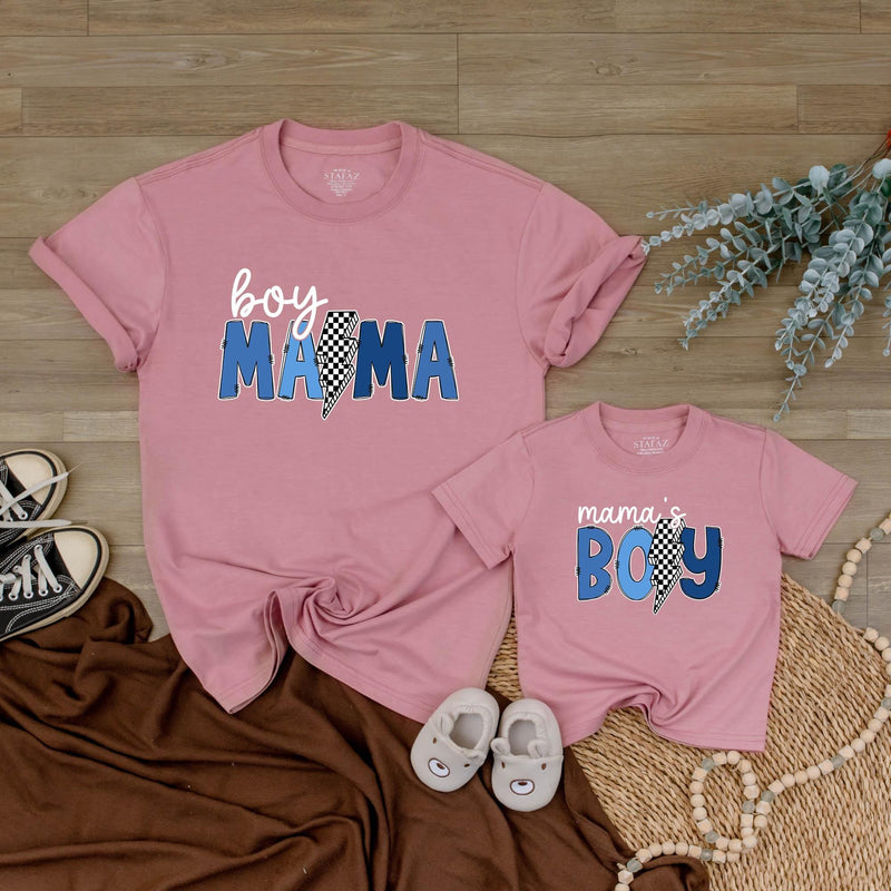 Boy Mama Matching Shirts with Checkered Lightning Bolt Design, Mama’s Boy Romper, Trendy Mommy and Me Outfit for Baby or Toddler Gift
