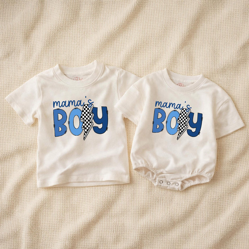 Boy Mama Matching Shirts with Checkered Lightning Bolt Design, Mama’s Boy Romper, Trendy Mommy and Me Outfit for Baby or Toddler Gift