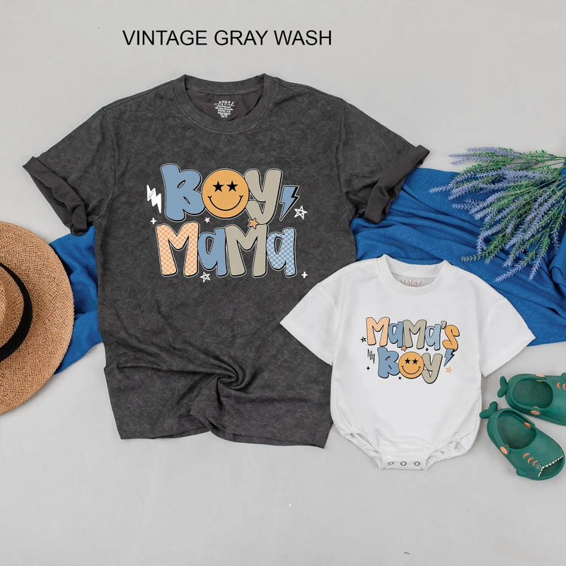 Boy Mama Matching Shirts with Mama's Boy Design Retro Graphics Custom Family Tees Soft Cotton Mom and Son Outfits Gift for New Moms