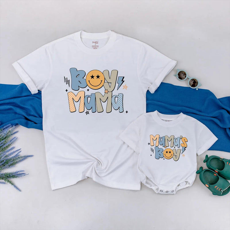 Boy Mama Matching Shirts with Mama's Boy Design Retro Graphics Custom Family Tees Soft Cotton Mom and Son Outfits Gift for New Moms