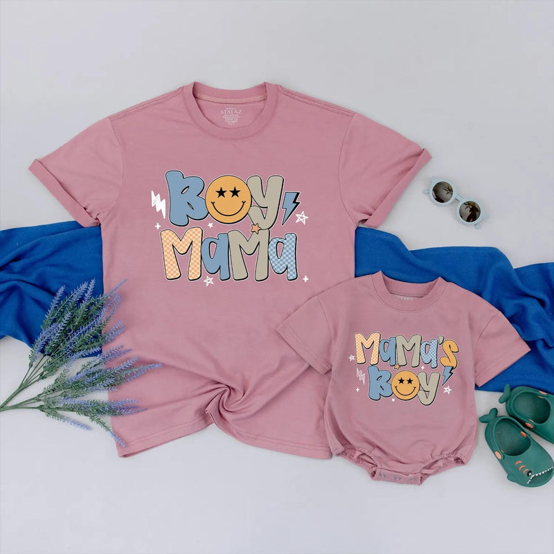 Boy Mama Matching Shirts with Mama's Boy Design Retro Graphics Custom Family Tees Soft Cotton Mom and Son Outfits Gift for New Moms