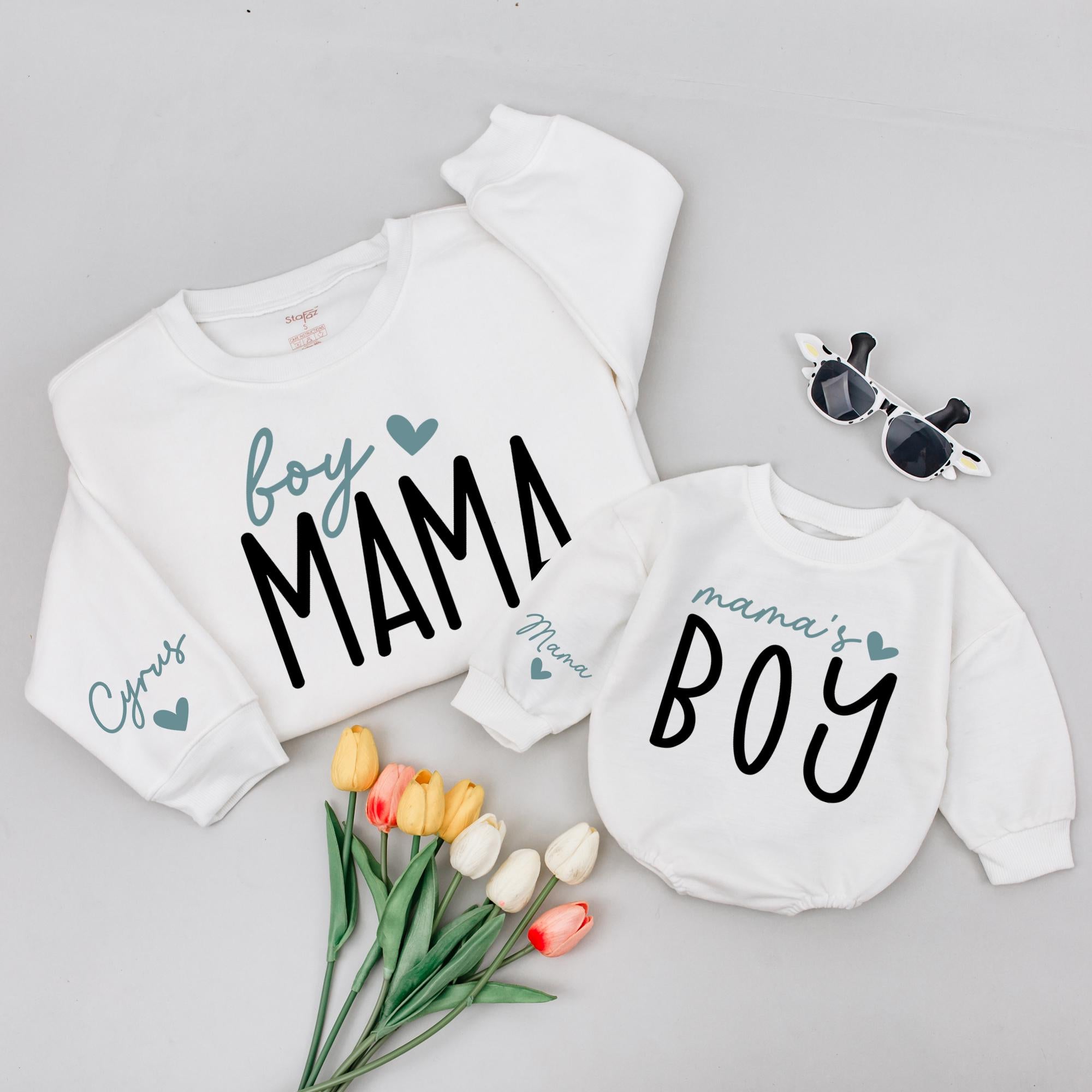 Boy Mama Sweatshirt with Custom Name & Mama's Boy Baby Romper, Matching Mommy and Me Outfits, Minimalist Family Clothing