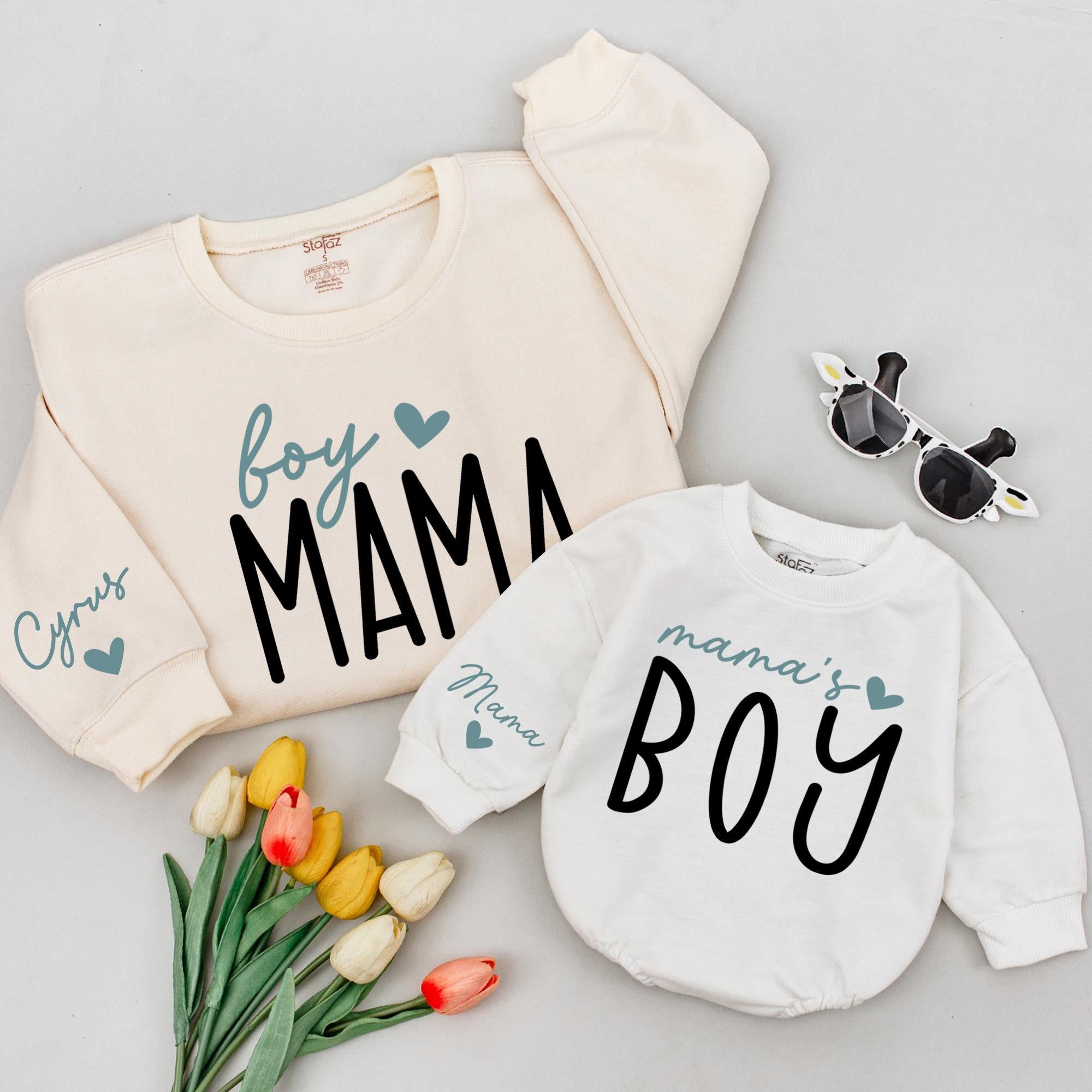 Boy Mama Sweatshirt with Custom Name & Mama's Boy Baby Romper, Matching Mommy and Me Outfits, Minimalist Family Clothing