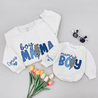 Boy Mama Sweatshirt and Mama's Boy Romper Mommy and Me Blue Matching Outfit Playful Checkered Baby Boy Clothes Custom Name Details