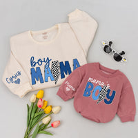 Boy Mama Sweatshirt and Mama's Boy Romper Mommy and Me Blue Matching Outfit Playful Checkered Baby Boy Clothes Custom Name Details