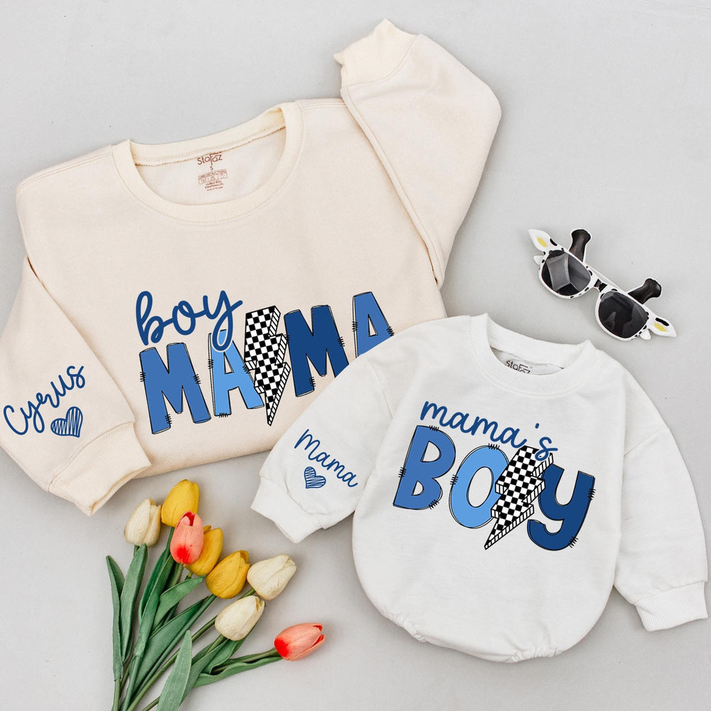 Boy Mama Sweatshirt and Mama's Boy Romper Mommy and Me Blue Matching Outfit Playful Checkered Baby Boy Clothes Custom Name Details