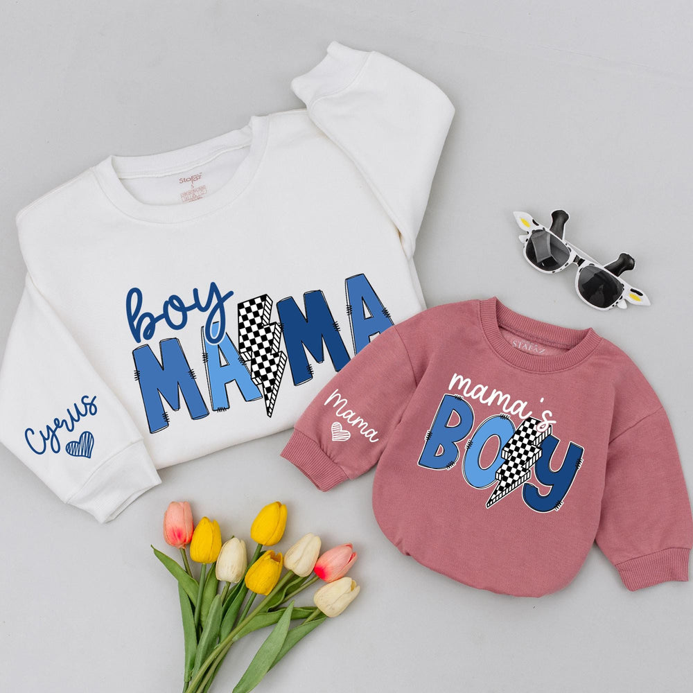 Boy Mama Sweatshirt and Mama's Boy Romper Mommy and Me Blue Matching Outfit Playful Checkered Baby Boy Clothes Custom Name Details