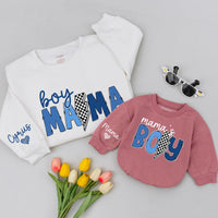 Boy Mama Sweatshirt and Mama's Boy Romper Mommy and Me Blue Matching Outfit Playful Checkered Baby Boy Clothes Custom Name Details