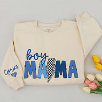 Boy Mama Sweatshirt and Mama's Boy Romper Mommy and Me Blue Matching Outfit Playful Checkered Baby Boy Clothes Custom Name Details