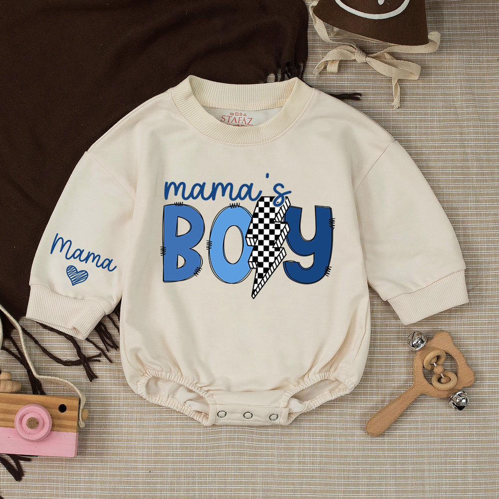 Boy Mama Sweatshirt and Mama's Boy Romper Mommy and Me Blue Matching Outfit Playful Checkered Baby Boy Clothes Custom Name Details
