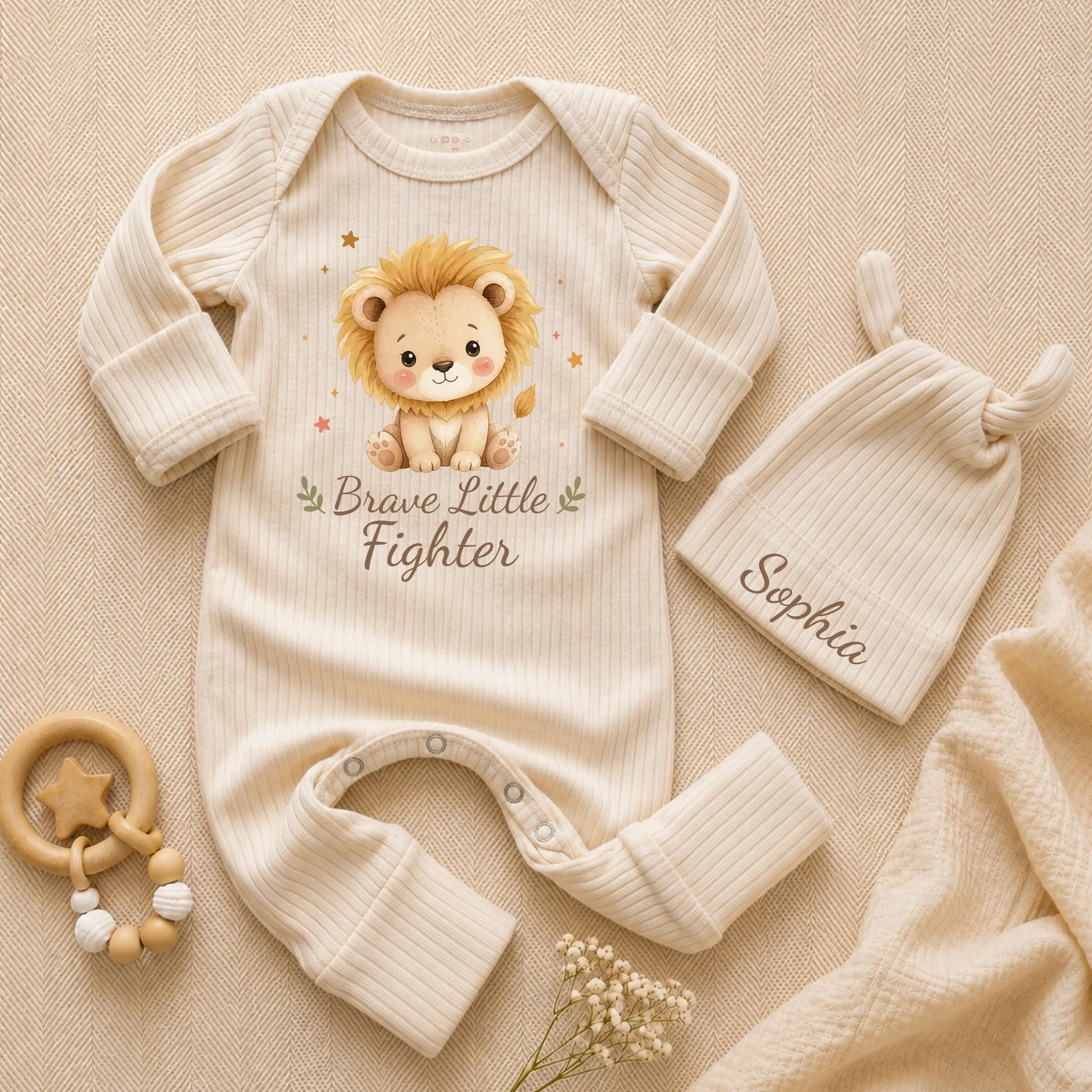Brave Little Fighter Lion Baby Romper and Personalized Name Hat Set, NICU Coming Home Outfit for Newborns and Infants