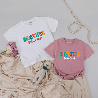 Brother Saurus and Sister Saurus Matching Dinosaur Shirts, Retro Baby and Toddler Outfits, Custom Sibling Announcement Tees