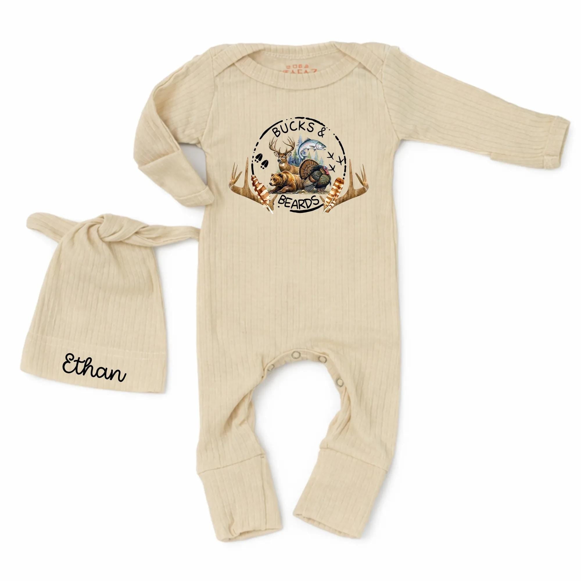 Bucks and Beards Baby Bodysuit with Hunting Graphic and Custom Name Hat, Newborn Coming Home Outfit, Soft Cotton Ribbed Set