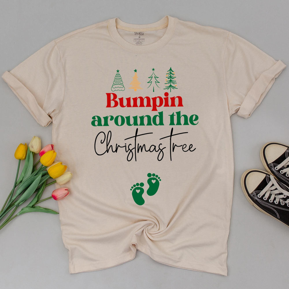 Bumpin Around the Christmas Tree Maternity Shirt with Baby Footprints Festive Pregnancy Announcement Tee for New Moms Holiday Reveal Gift