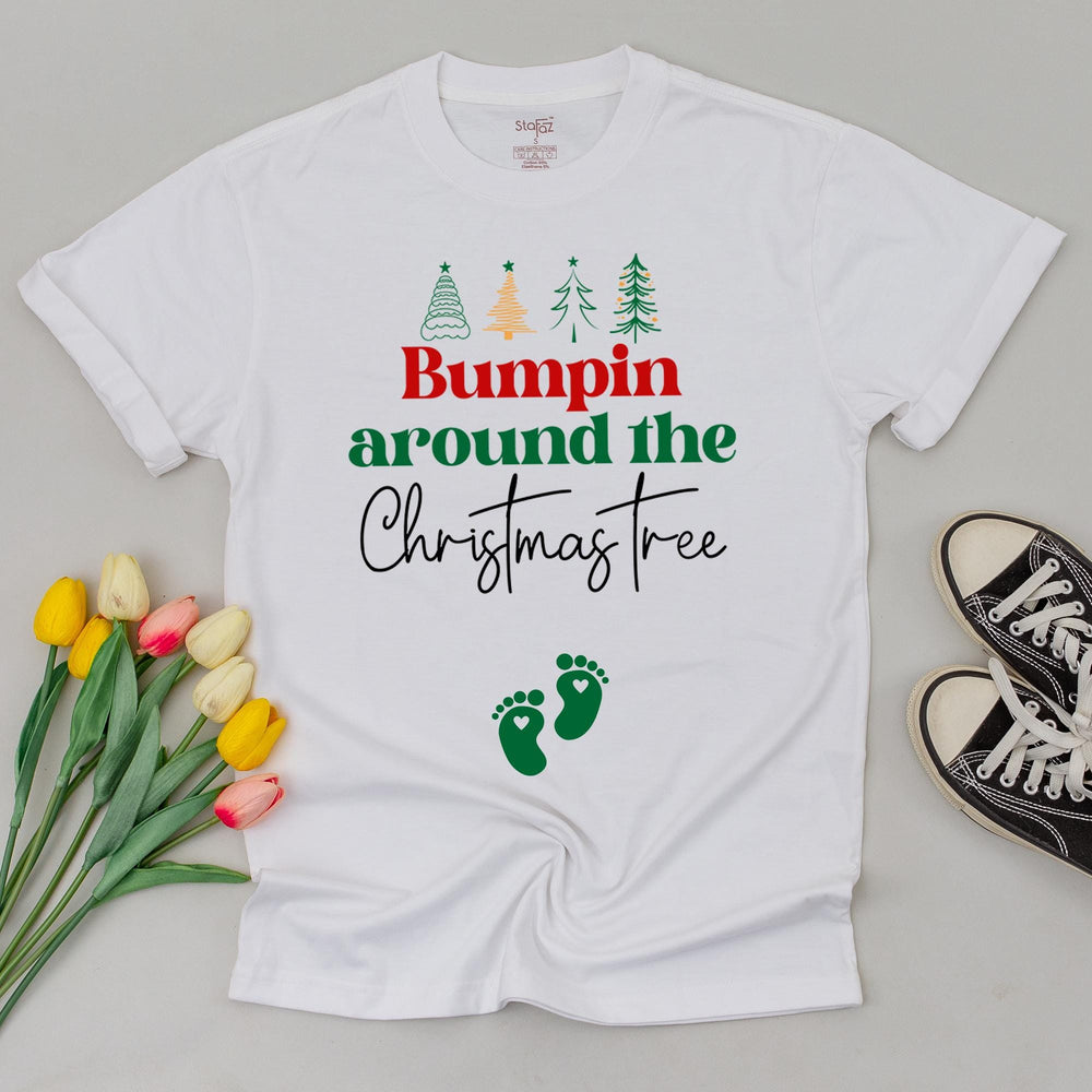 Bumpin Around the Christmas Tree Maternity Shirt with Baby Footprints Festive Pregnancy Announcement Tee for New Moms Holiday Reveal Gift