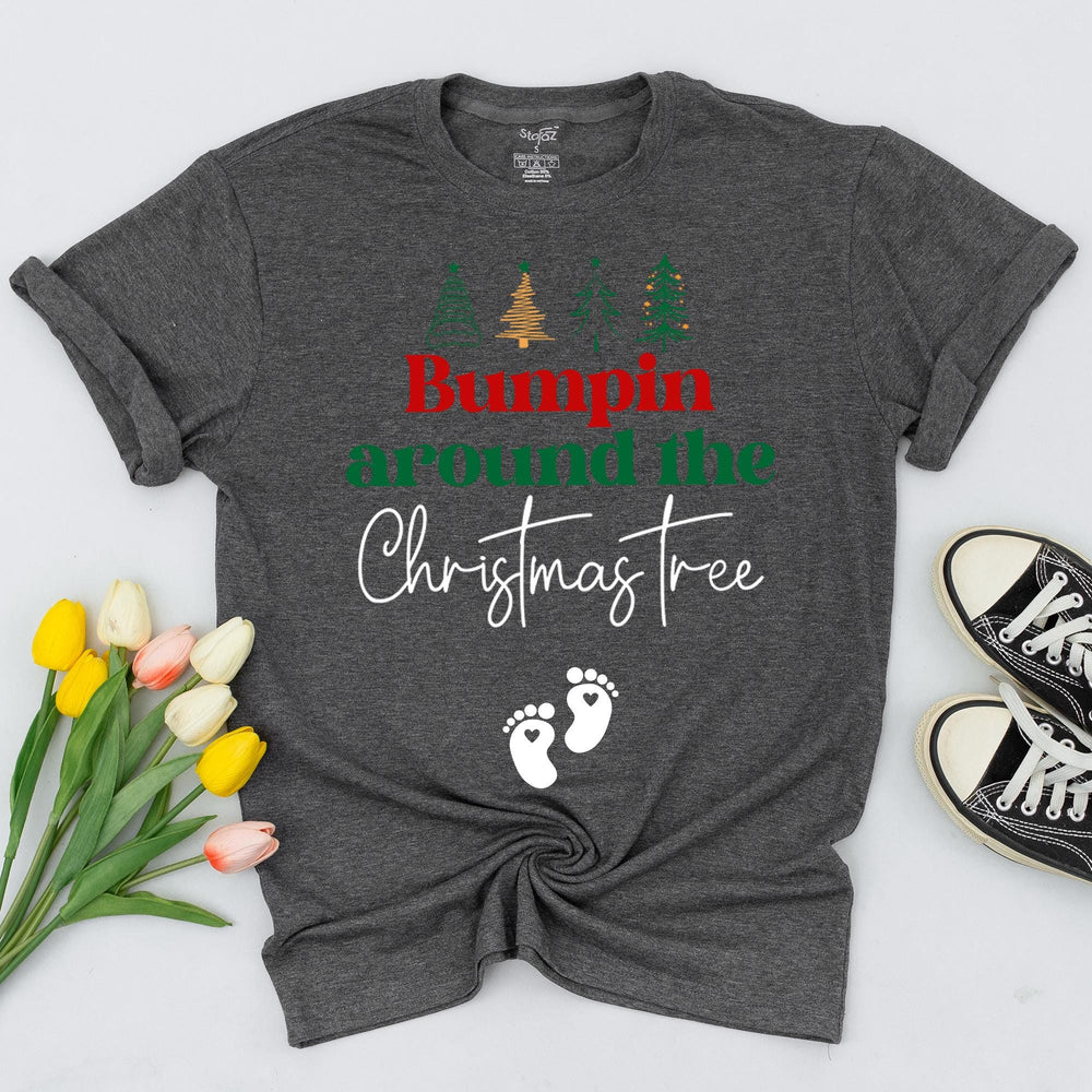 Bumpin Around the Christmas Tree Maternity Shirt with Baby Footprints Festive Pregnancy Announcement Tee for New Moms Holiday Reveal Gift