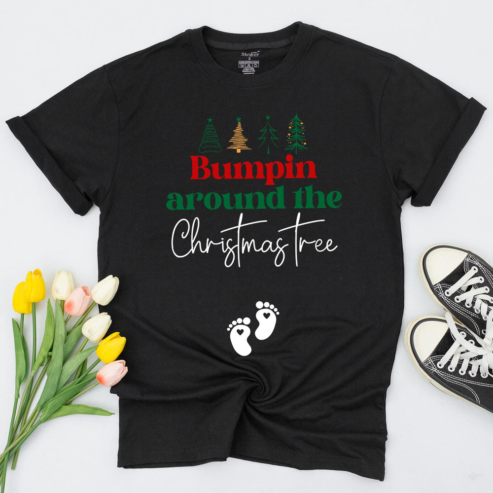 Bumpin Around the Christmas Tree Maternity Shirt with Baby Footprints Festive Pregnancy Announcement Tee for New Moms Holiday Reveal Gift
