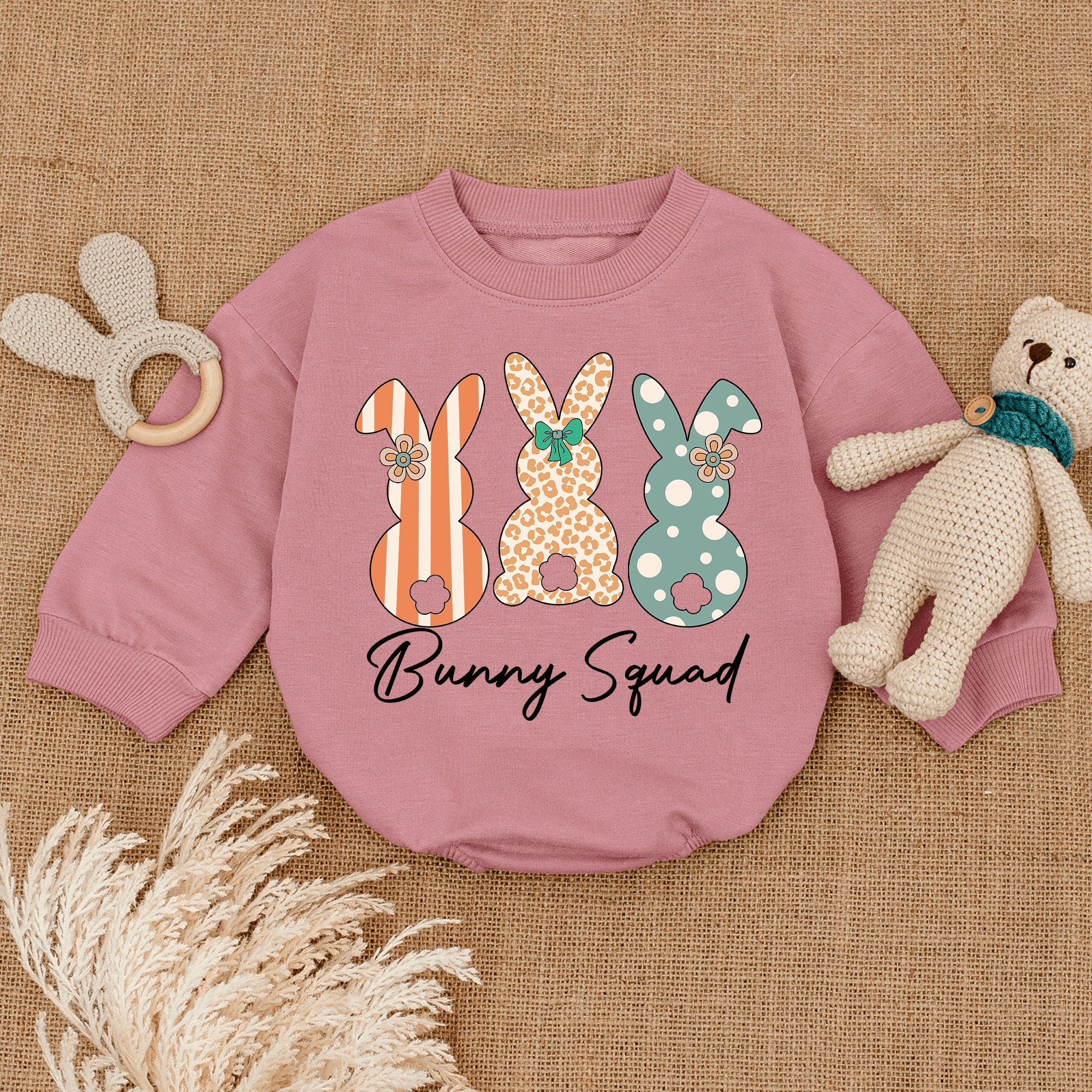Bunny Squad Baby Romper Easter Outfit Soft Cotton First Easter Sweatshirt Infant Girl Boy Holiday Floral Polka Dot Stripes