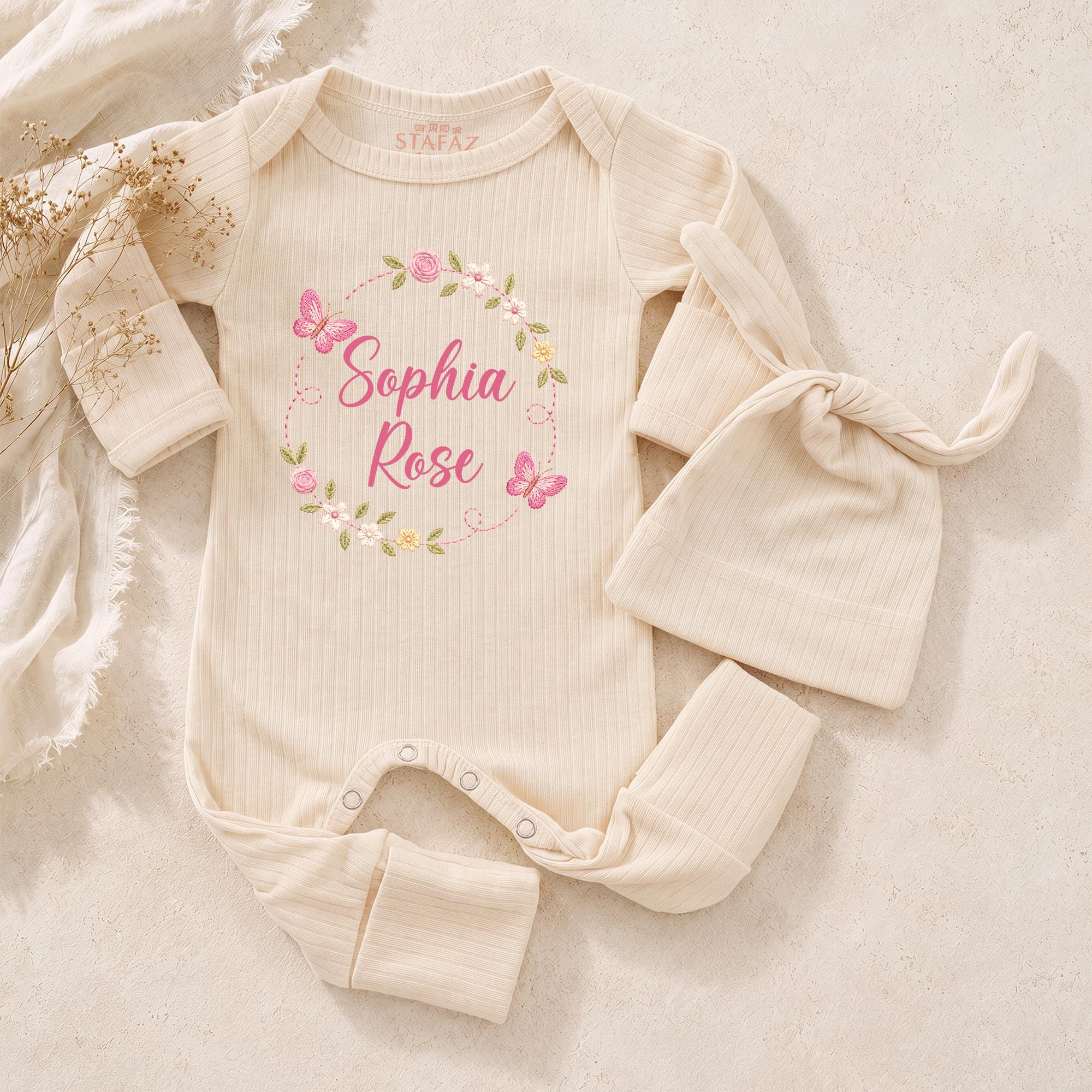 Butterfly Flower Wreath Baby Bodysuit and Hat Set with Custom Name, Newborn Girl Coming Home Outfit, Floral Personalized Gift