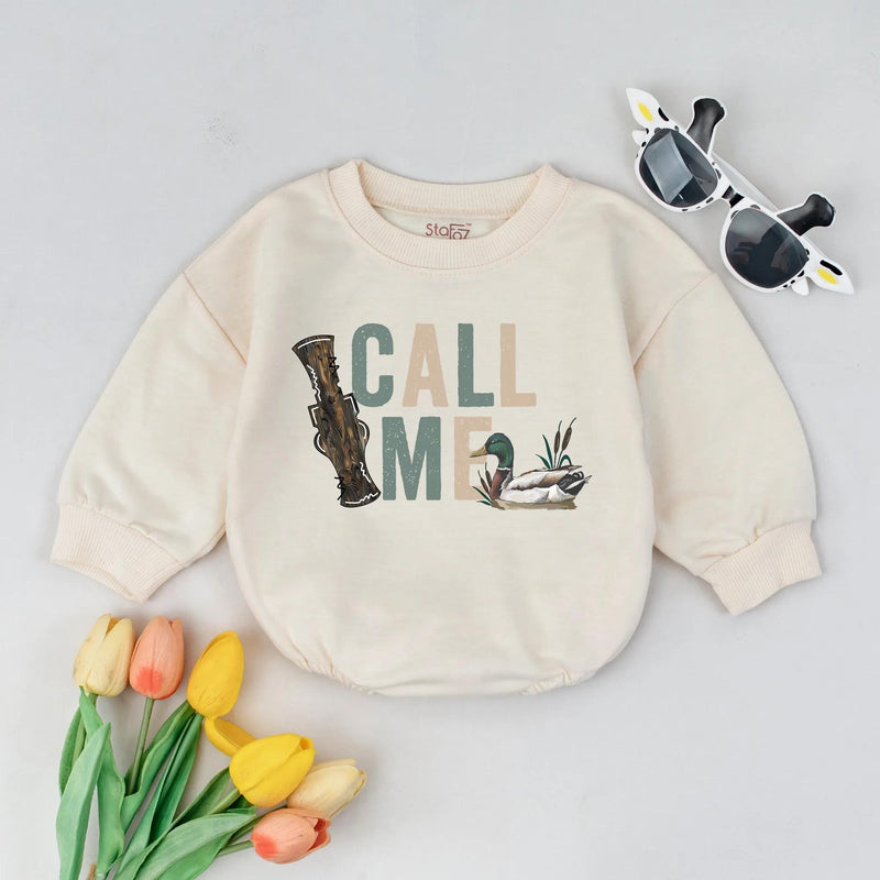 Call Me Baby Boy Duck Hunting Romper with Mallard Graphic 1st Birthday Outfit Soft Cotton Infant Clothes Rustic Sage Green Gift Idea