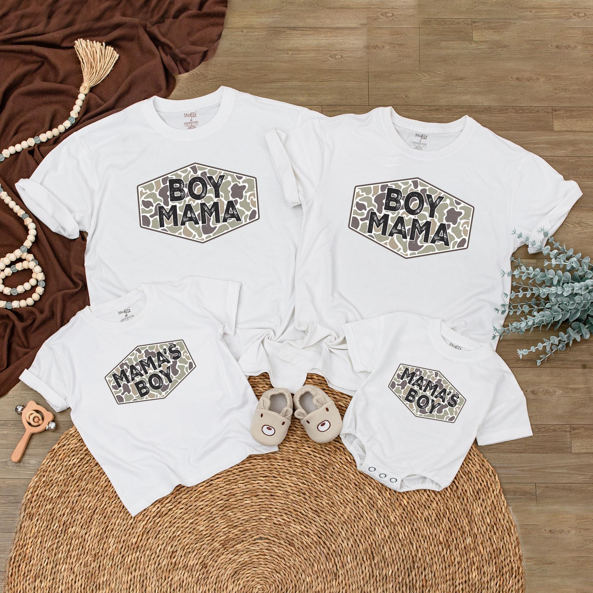 Camo Boy Mama Matching Shirts Mama and Mini Set with Mama’s Boy Romper Earthy Camouflage Pattern Custom Family Outfit Cotton Gift