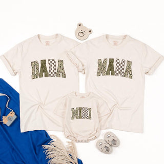 Camo and Checkered Mama Dada Mini Matching Shirts, Neutral Family Outfits with Custom Names, New Parent and Baby Gift Set