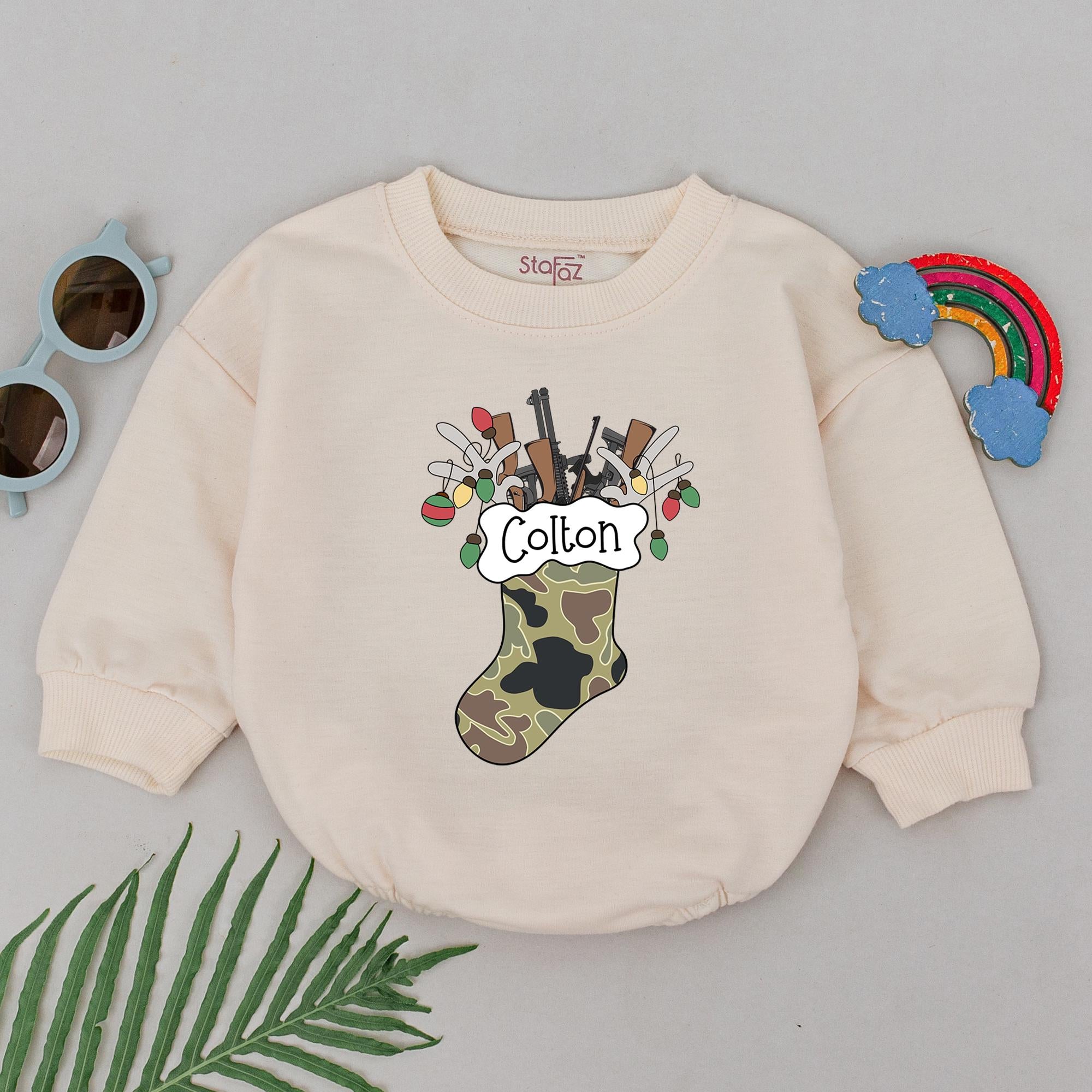 Camo Christmas Stocking Baby Romper with Custom Name, Festive Holiday Outfit for Boys, Western Xmas Short Sleeve Bodysuit